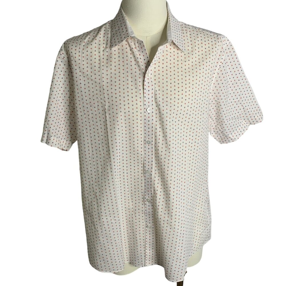 Zachary Prell Button Up Short Sleeve Shirt L White Triangles Cotton Stretch